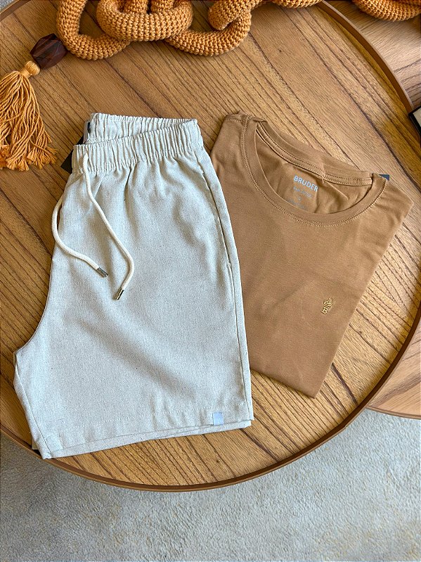 Kit Shorts Linho Bege + Camiseta Cotton Pima Terracota Bruder