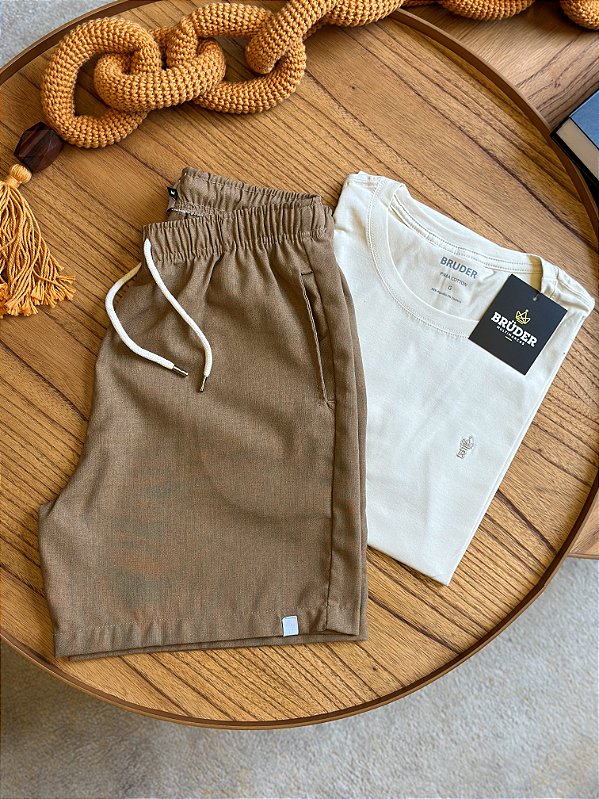 Kit Shorts Linho Terracota + Camiseta Cotton Pima Creme Bruder