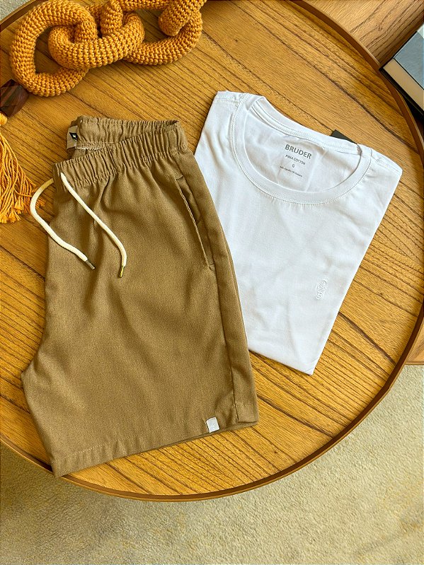 Kit Shorts Linho Terracota + Camiseta Cotton Pima Branca Bruder