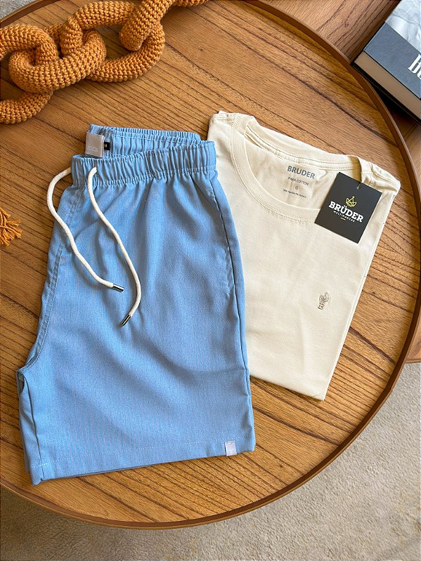 Kit Shorts Linho Azul Bebe + Camiseta Cotton Pima Creme Bruder