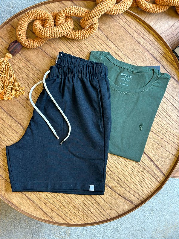 Kit Shorts Linho Preto + Camiseta Cotton Pima Verde Musgo Bruder