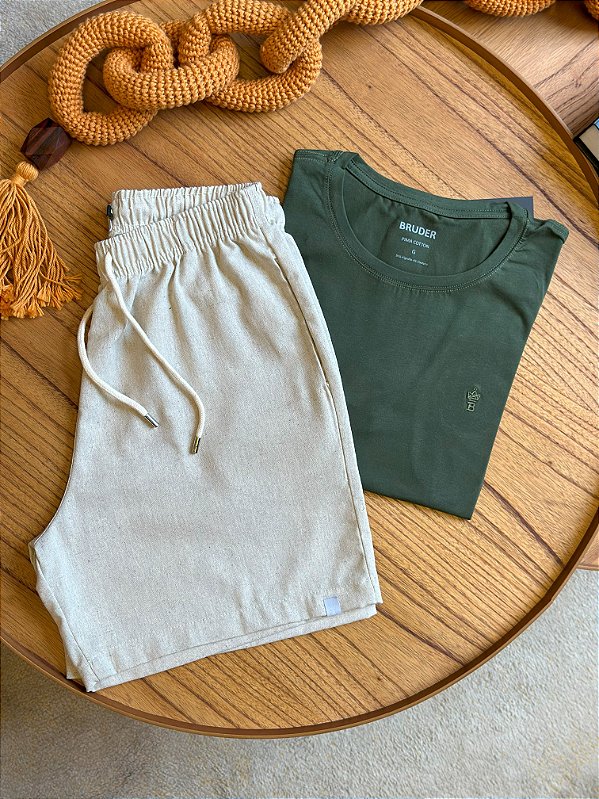 Kit Shorts Linho Bege + Camiseta Cotton Pima Verde Musgo Bruder