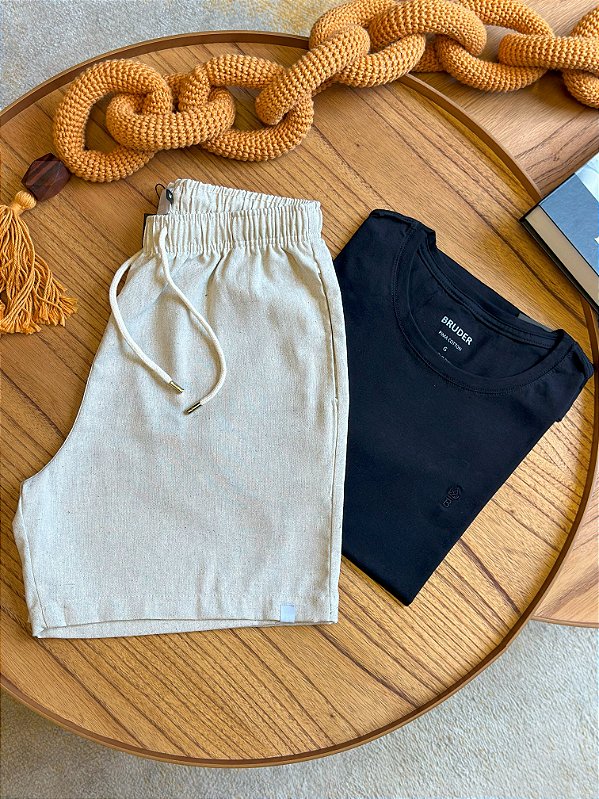 Kit Shorts Linho Bege + Camiseta Cotton Pima Preta Bruder