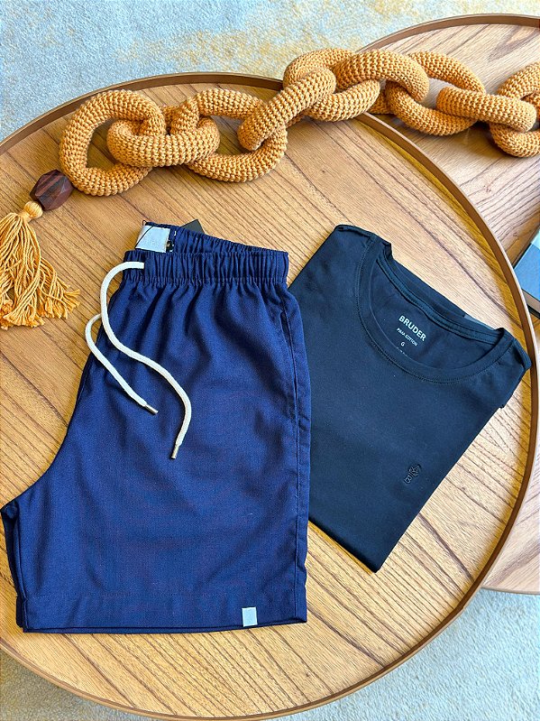 Kit Shorts Linho Marinho + Camiseta Cotton Pima Preta Bruder