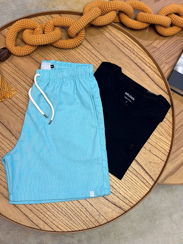 Kit Shorts Linho Verde Água + Camiseta Cotton Pima Preta Bruder