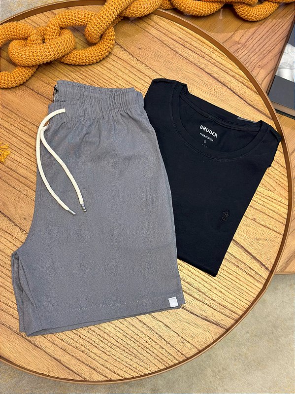 Kit Shorts Linho Chumbo + Camiseta Cotton Pima Preta Bruder
