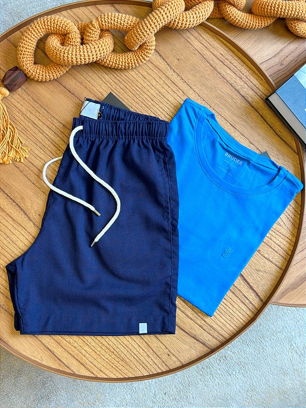 Kit Shorts Linho Marinho + Camiseta Cotton Pima Azul Bic Bruder