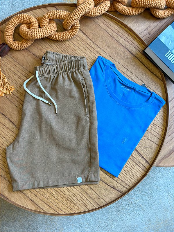 Kit Shorts Linho Terracota + Camiseta Cotton Pima Azul Bic Bruder