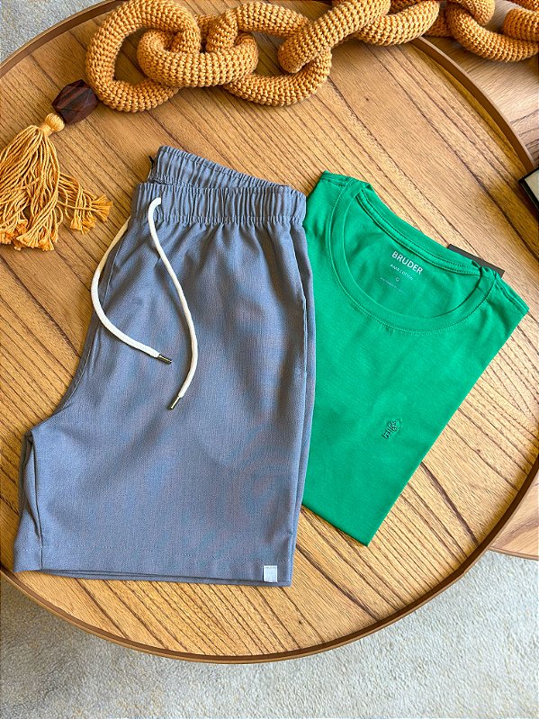 Kit Shorts Linho Chumbo + Camiseta Cotton Pima Verde Bruder