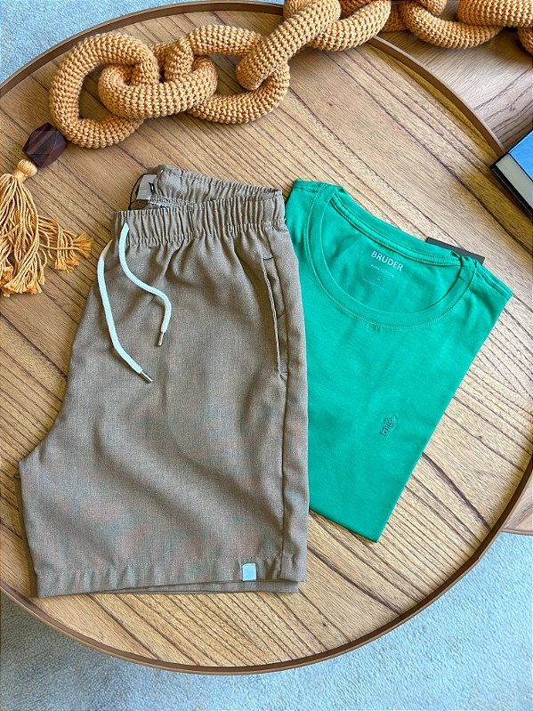 Kit Shorts Linho Terracota + Camiseta Cotton Pima Verde Bruder