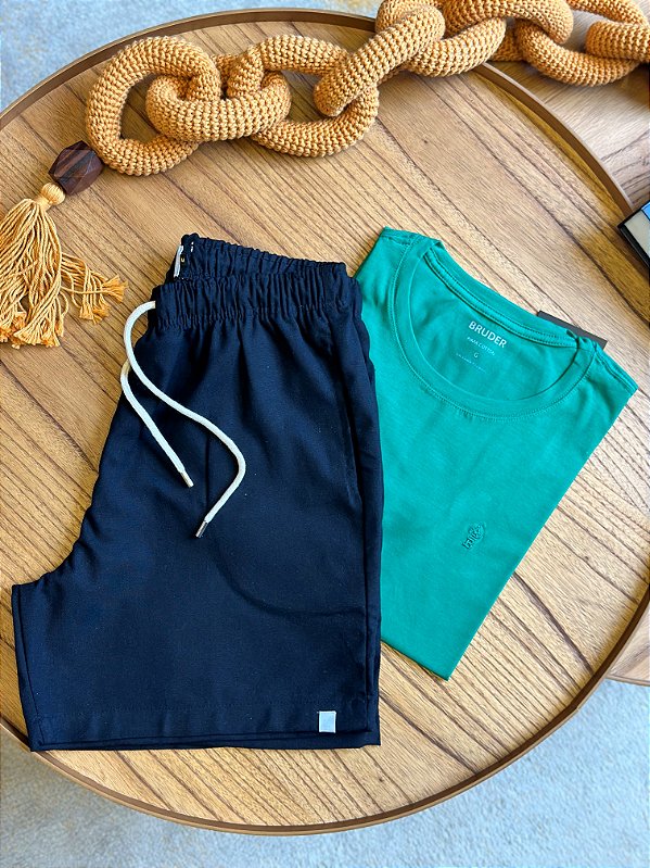 Kit Shorts Linho Preto + Camiseta Cotton Pima Verde Bruder