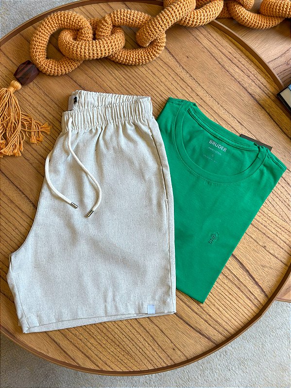 Kit Shorts Linho Bege + Camiseta Cotton Pima Verde Bruder