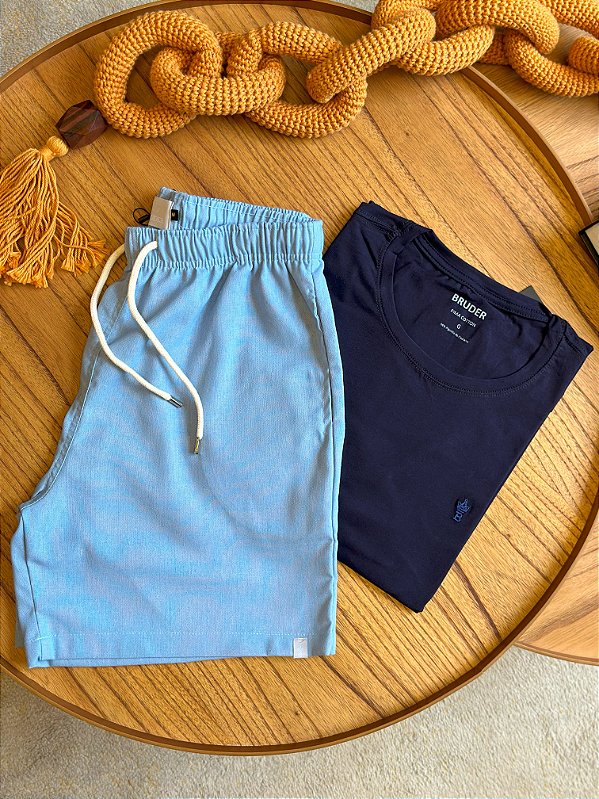 Kit Shorts Linho Azul Bebe + Camiseta Cotton Pima Marinho Bruder