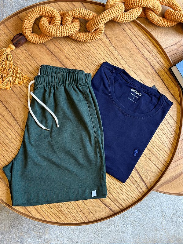 Kit Shorts Linho Verde Musgo + Camiseta Cotton Pima Marinho Bruder