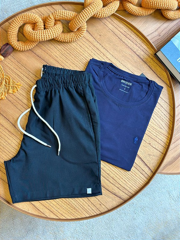 Kit Shorts Linho Preto + Camiseta Cotton Pima Marinho Bruder