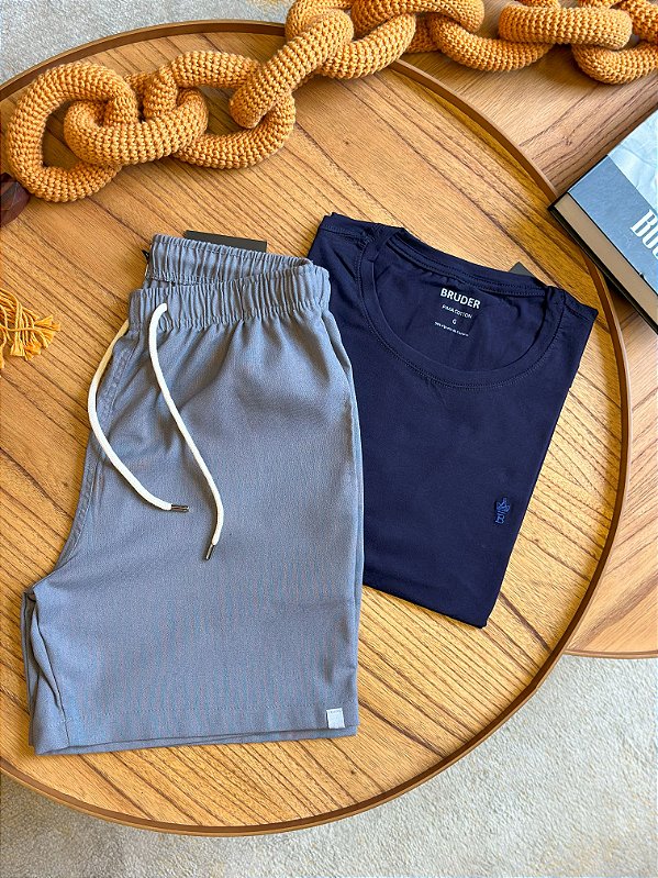 Kit Shorts Linho Chumbo + Camiseta Cotton Pima Marinho Bruder