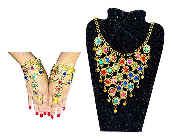 Kit Colar 2 Pulseiras Coloridas Dança Do Ventre Cigana Árabe