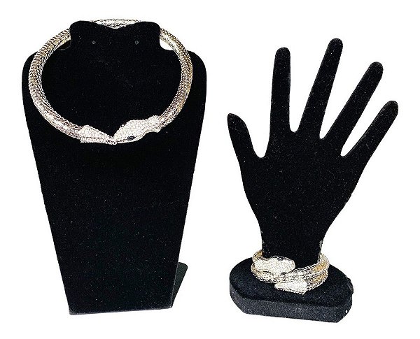 Colar Gargantilha E Pulseira Cobra Prateado Com Strass Lindo
