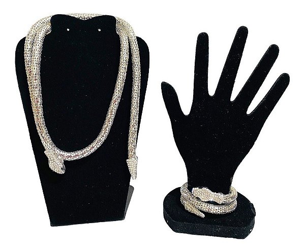 Colar Serpente E Pulseira Cobra Prateado Com Strass Lindo