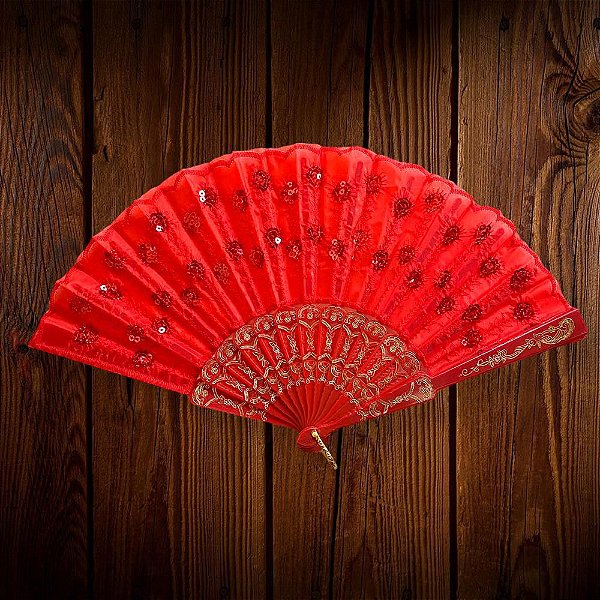 Leque Luxo Bordado Paetê Vermelho Pomba Gira Cigana Promoção