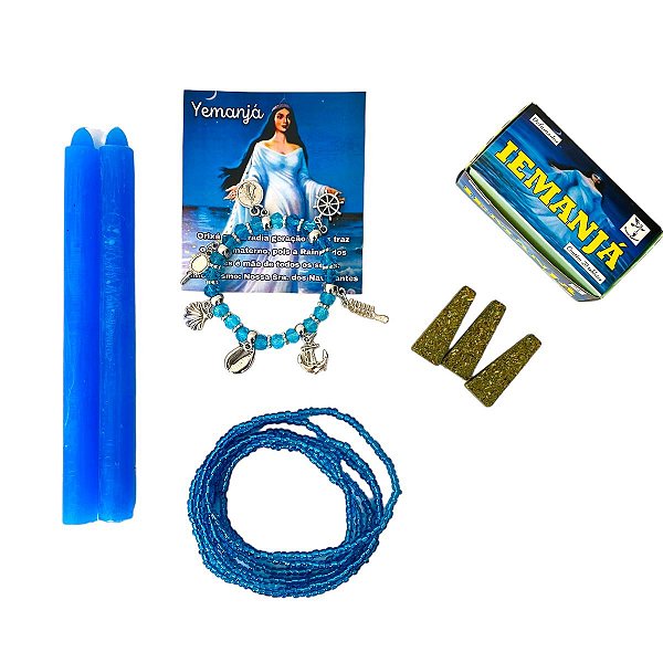 Kit Iemanja 2 Velas 18cm 1 Pulseira 1 Defumador 1 Guia