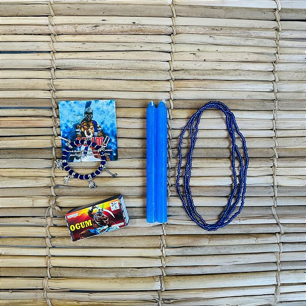 Kit Ogum Azul 2 Velas 18cm 1 Pulseira 1 Defumador 1 Guia