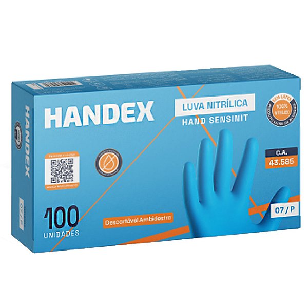 Luva Nitrílica sem Amido Hand Sensinit Azul CA 43585 Handex -