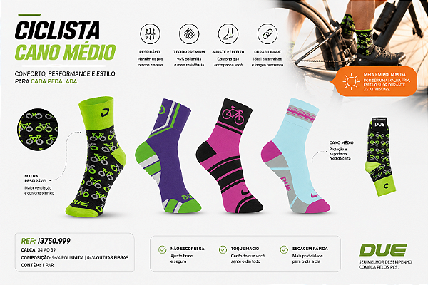 Meia Ciclista Feminina Cano Medio - 04 Cores