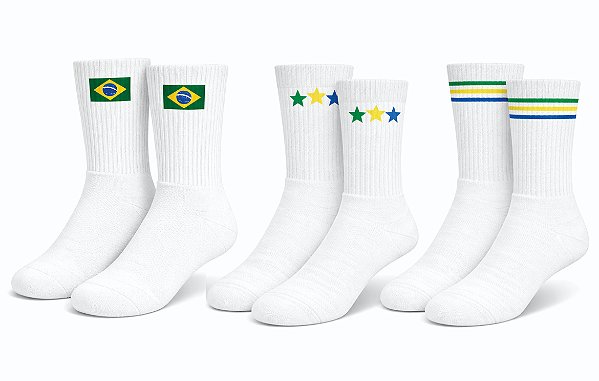 Meia Canelada Brasil Copa Do Mundo 34 ao 39 - Kit C/ 3 Pares Branco