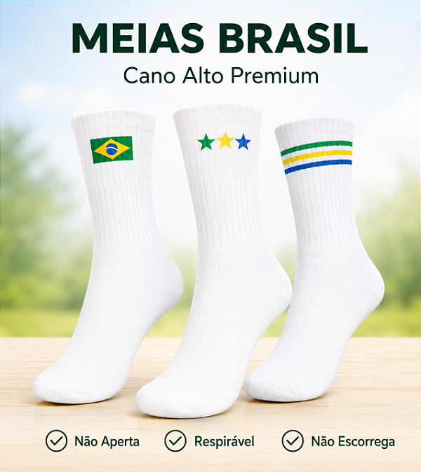 Meia Canelada Brasil Copa Do Mundo Juvenil - Kit C/ 3 Pares Branco