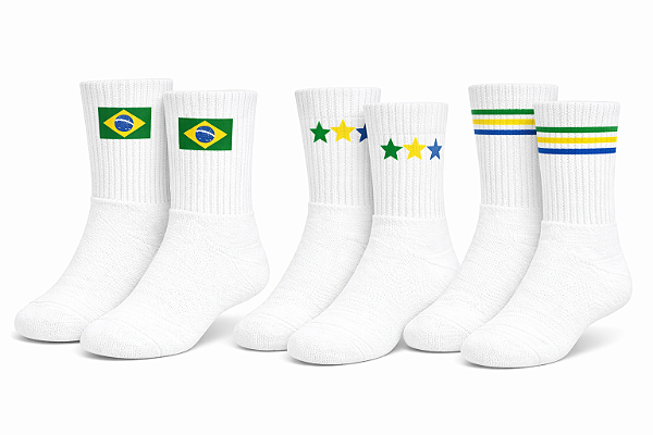 Meia Canelada Brasil Copa Do Mundo Juvenil - Kit C/ 3 Pares Branco