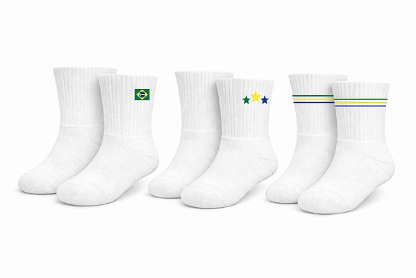 Meia Canelada Brasil Copa Do Mundo Infantil - Kit C/ 3 Pares Branco