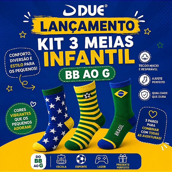Meia Infantil Copa Do Mundo Brasil BB ao G - Kit C/ 3 Pares