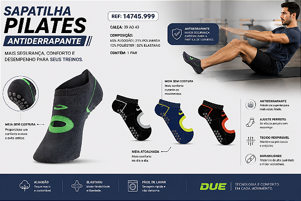 Meia Pilates Antiderrapante Masculina - 04 Cores - Kit 1 Par