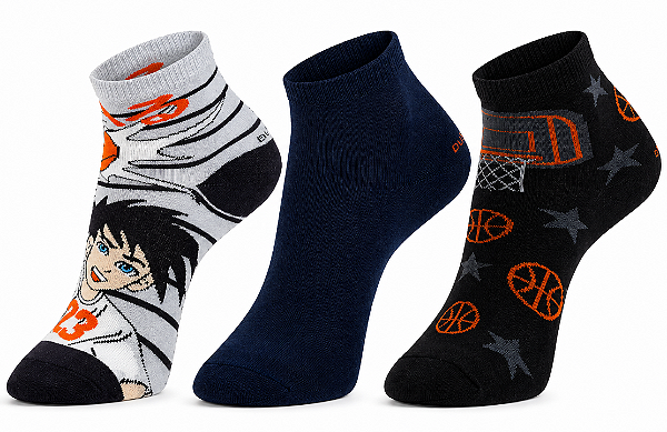 Meia soquete juvenil masculina - 1 kit com 3 pares sortidos