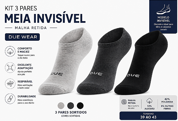 Meia invisível masculina malha retida - 1 kit com 3 pares sortidos