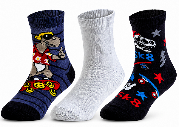 Meia soquete infantil masculina - 1 kit com 3 pares sortidos