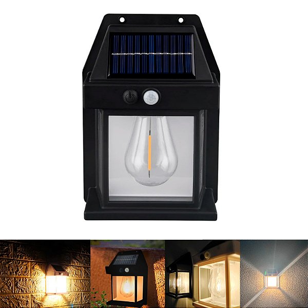 Luminária Solar Externa Potente Arandela Energia Solar, Lâmpada Vintage com Sensor e Acendimento Automático, Ideal para Decoração e Iluminação de Ambientes Externos, Impermeável