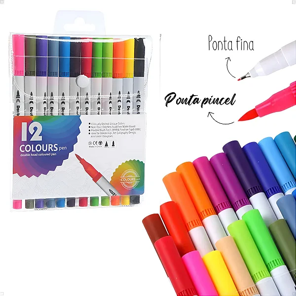 Canetas Permanentes Fineliner Brush 12 24 36 48 Cores Vibrantes Ponta Dupla Conjunto Canetinhas Cores Vibrantes Profissional Escolar Colorir