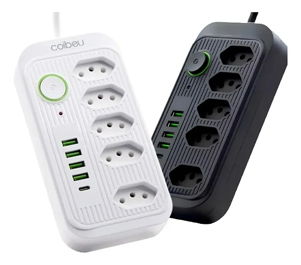 Extensão Filtro de Linha 5 Tomadas E 4 Usb 1 Tipo C Led Bivolt Power 110v/220v