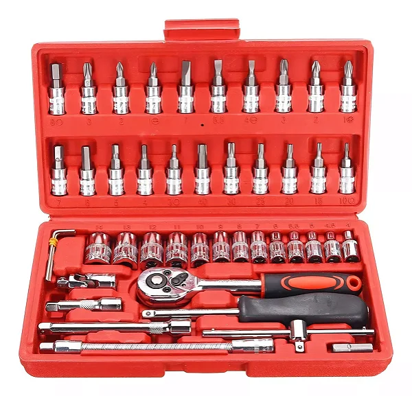 Jogo Combo Kit De Chave De Fenda Philips Soquete 46 Peças Aço Crv 1/4 Maleta Vermelho