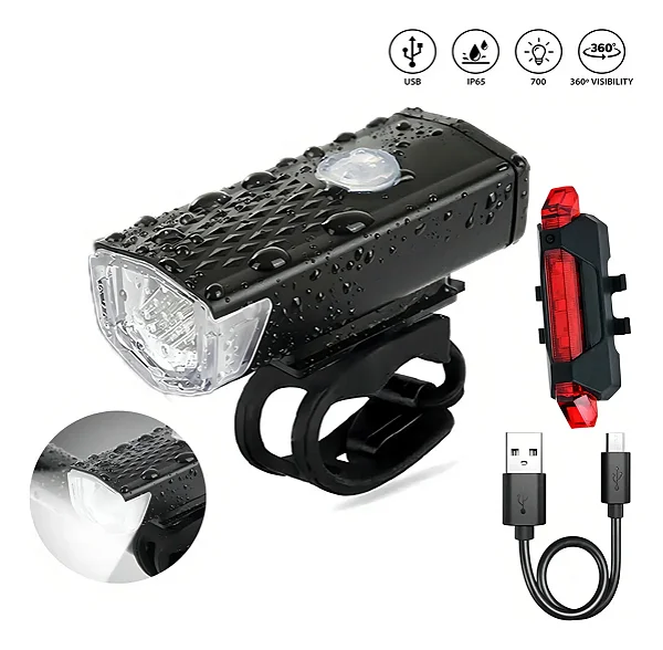 Kit Farol E Lanterna Para Bicicleta Bike Led Potente Usb Recarregável E Resistente A Àgua
