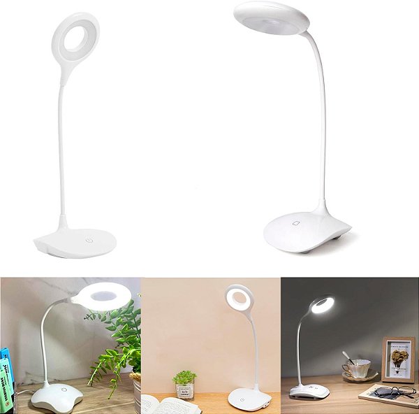 Luminária de Mesa LED Articulada com 3 Níveis de Iluminação – Pescoço Flexível 360°, Design Moderno, Ideal para Leitura, Estudos e Escritório