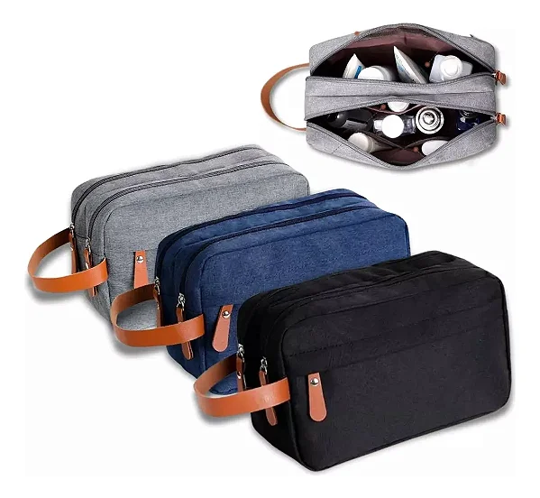 Necessaire Unissex Viagem Trabalho Organizador Impermeável Triplo Zíper Detalhes em Couro