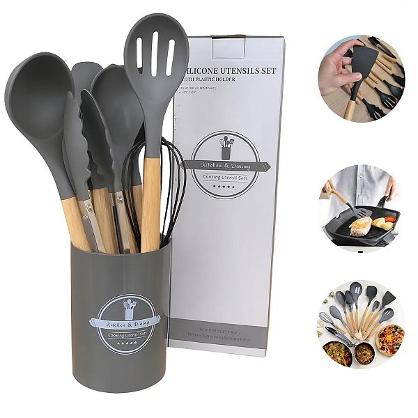 Gourmet Kit Utensilios 12 Peças Cor Cinza De Cozinha Em Silicone Concha Espátula