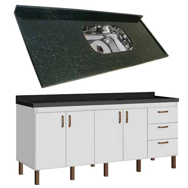 Balcão Cozinha Copacabana e Pia Granito Verde Ubatuba 2m