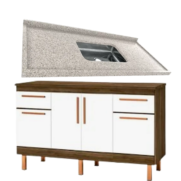 Balcão de Cozinha Atenas com Pia Branco Dallas Cuba Funda 1,20