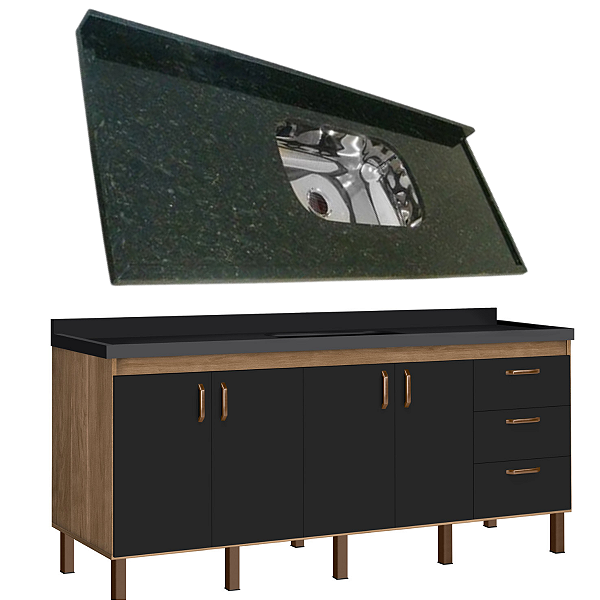 Balcão Copacabana e Pia Granito Verde Ubatuba 2m Cuba Funda