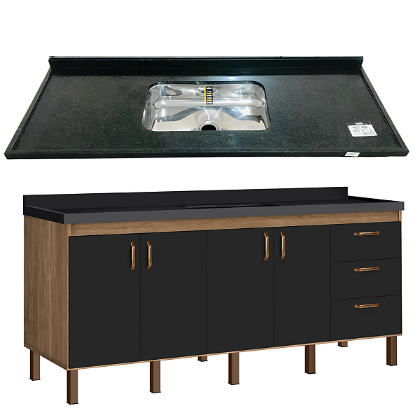 Balcão Cozinha Copacabana e Pia Granito Preto Kasa Cuba funda 1,80