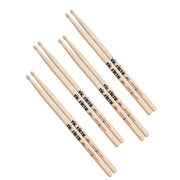 Kit de Baquetas Vic Firth American Classic Hickory 5B Leve 4 e Pague 3 Value Pack 1 Grátis